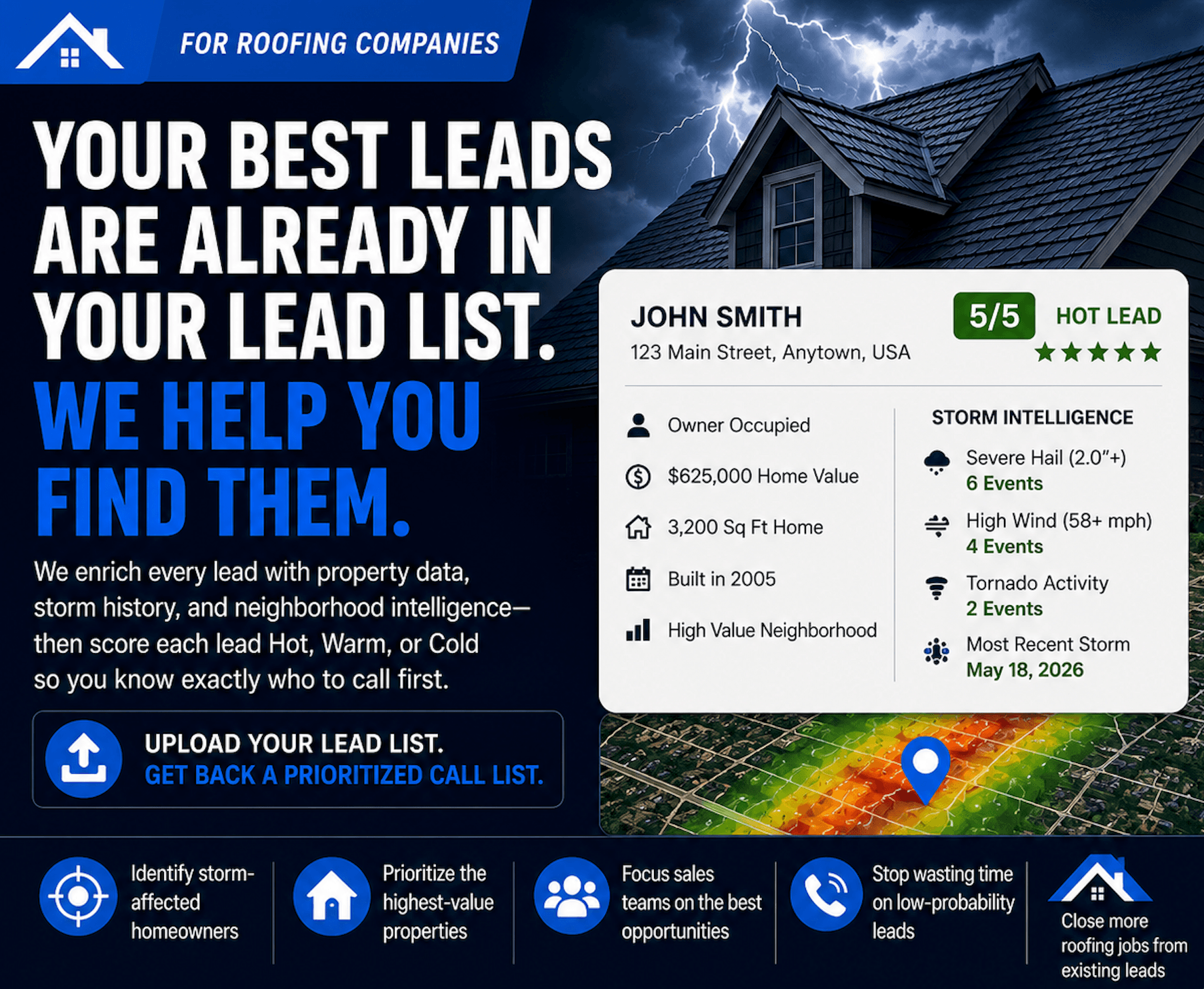 CallFirst lead intelligence for roofing companies — John Smith sample lead card showing 5/5 Hot Lead with storm intelligence